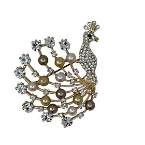 Peacock Brooch w/ Faux Multi-Color Pearl & Rhinestone over Gold tone Brooch